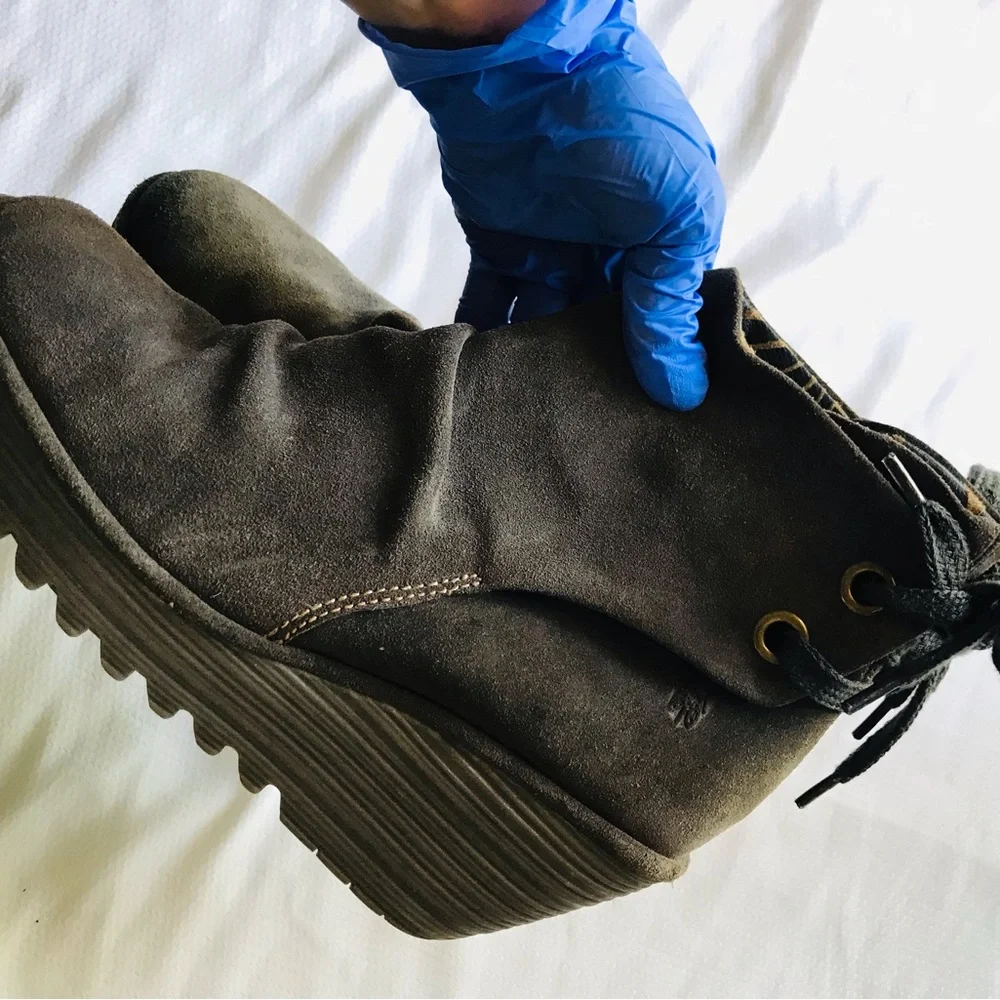 FLY LONDON SHOES YAMA‎ SLUDGE GREEN SUEDE BOOTIES PLATFORM WEDGE ANKLE BOOT